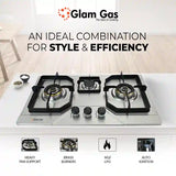 Glam Gas Hob | Flora | Stainless Steel | 3 Burner | Kitchen Stove | Gas Stove