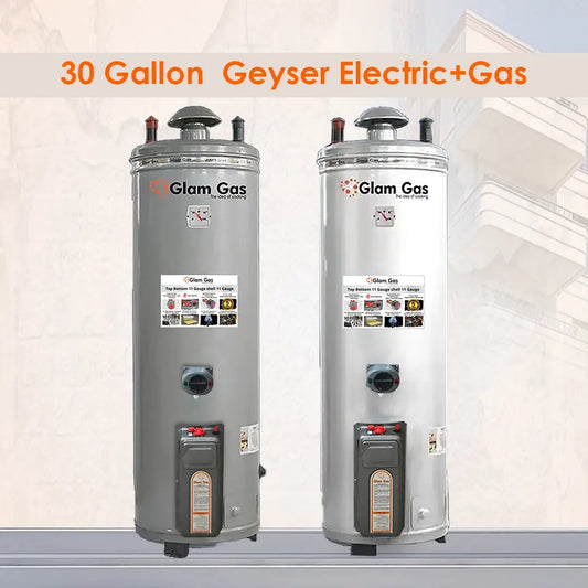 30 Gallon Electric + Gas Geyser | Stainless Steel & Color Body