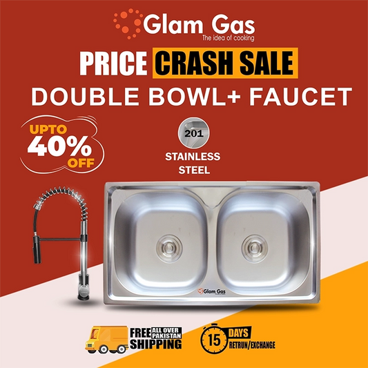 Glam Gas Combo Deal – Sink F-02 with Ring-11 Faucet | Premium Double Bowl Kitchen Sink