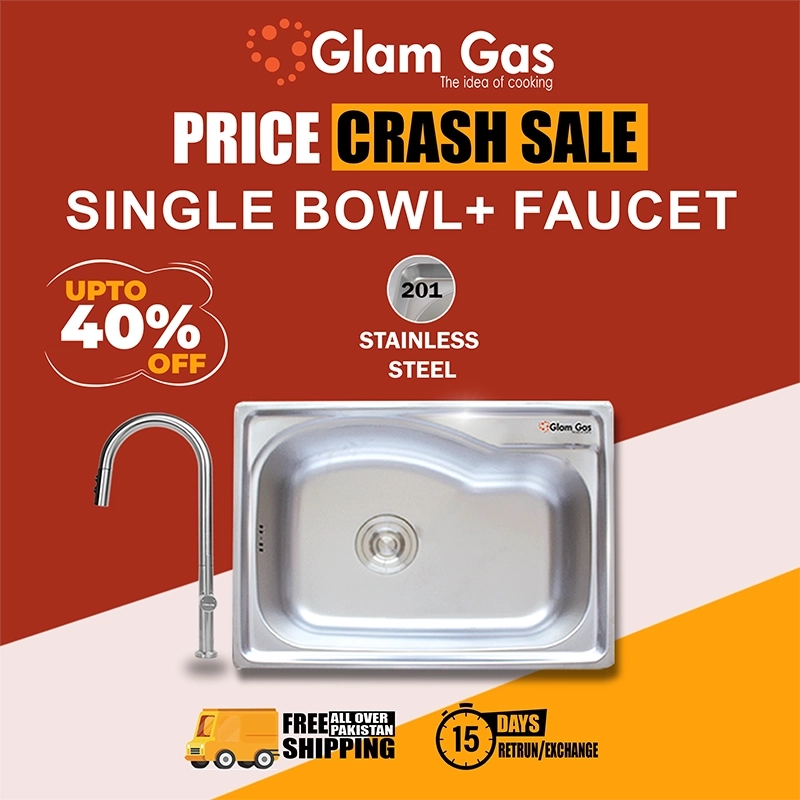 Glam Gas stainless steel sink and faucet with promotional text on a red and orange background