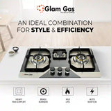 Glam Gas Hob | Flora | Stainless Steel | 3 Burner | Kitchen Stove | Gas Stove