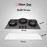 Glam Gas Hob | GG-07A | Tempered Glass | 3 Burner | Kitchen Stove | Gas Stove