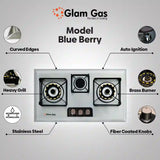 D-Cut, Blue & Black Berry 3 Burner Hob | Stainless Steel Gas Stove for Modern Kitchens
