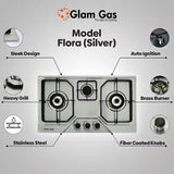 Glam Gas Hob | Flora | Stainless Steel | 3 Burner | Kitchen Stove | Gas Stove