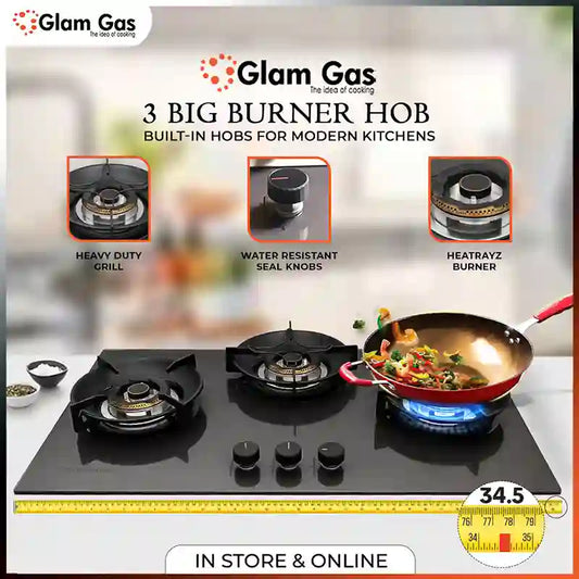 Glam Gas Hob | GG-07A | Tempered Glass | 3 Burner | Kitchen Stove | Gas Stove