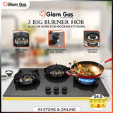 Glam Gas Hob | GG-07A | Tempered Glass | 3 Burner | Kitchen Stove | Gas Stove