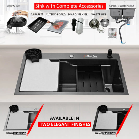 Modern stainless steel kitchen sink with Nano Black PVD finish, single bowl, built-in design