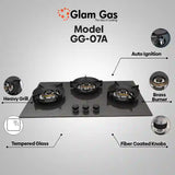 Glam Gas Hob | GG-07A | Tempered Glass | 3 Burner | Kitchen Stove | Gas Stove