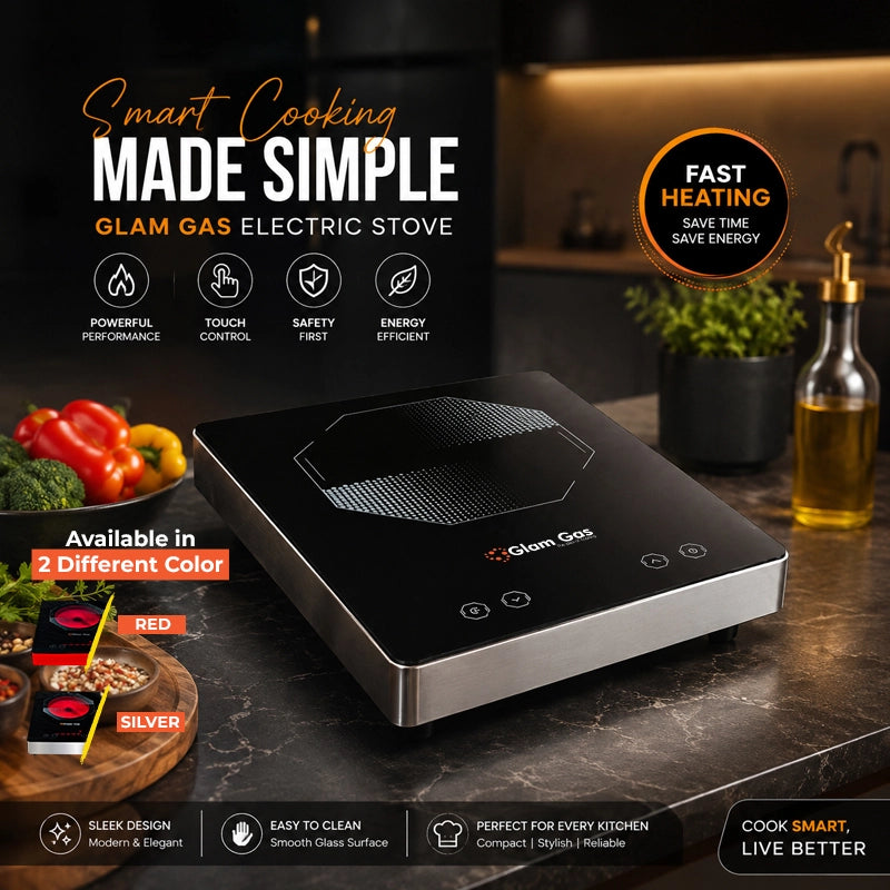 GlamGas Hot Glow 912 Red electric stove with touch control, available in red and silver