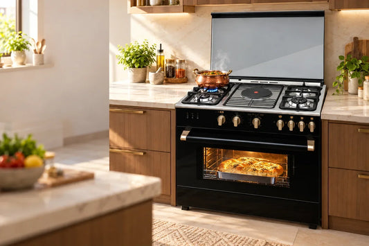 Glam Gas 34 inch cooking range in a modern Pakistani kitchen with handi cooking on the burners