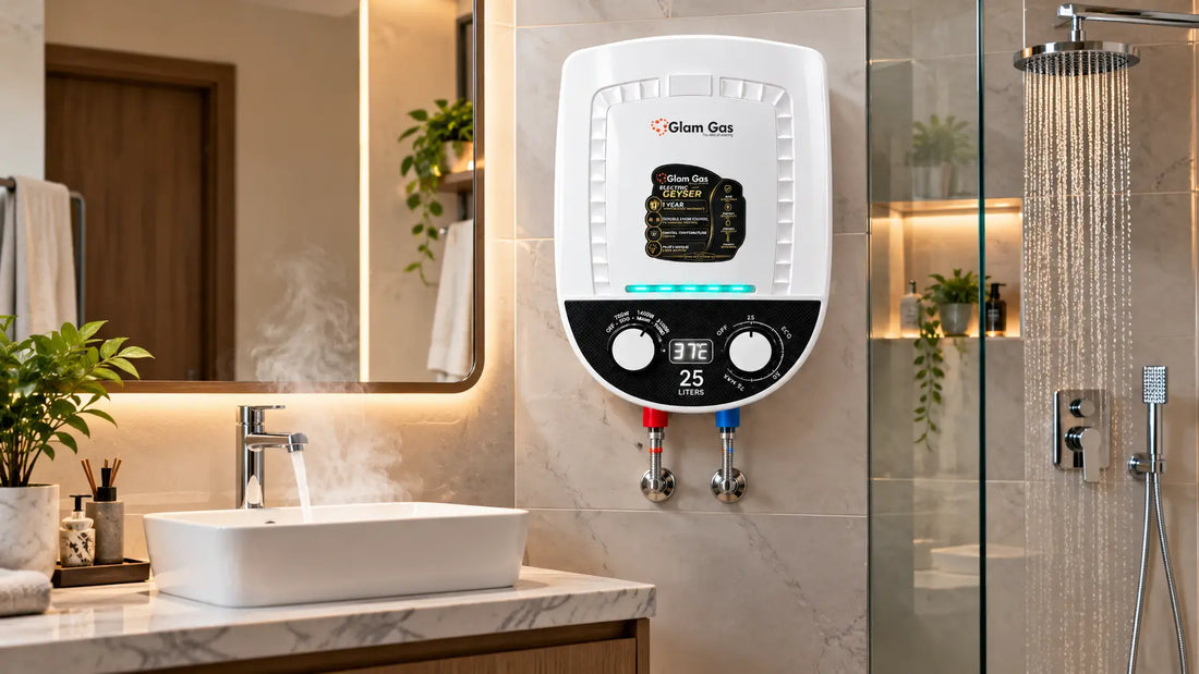 Electric water heater mounted on a bathroom wall with steam rising from the tap