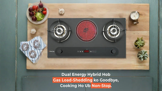 Glam Gas GG-02B-E Dual Energy Hybrid Hob with 2 gas burners and 1 electric hotplate for kitchens in Pakistan.
