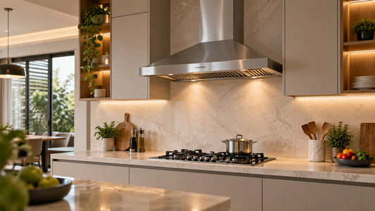 Modern kitchen range hood installed above a built-in gas hob in a Pakistani kitchen