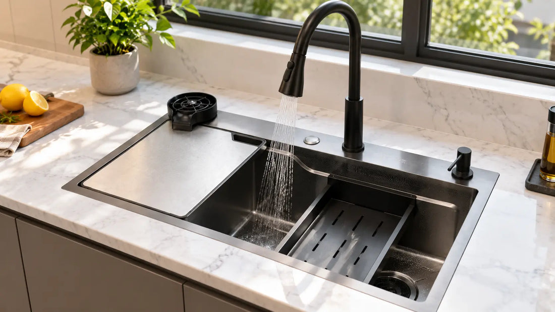 Stainless steel double bowl kitchen sink with matte black faucet in a modern kitchen