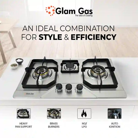 Glam Gas Hob | Flora S | Stainless Steel | 3 Burner | Kitchen Stove | Gas Stove