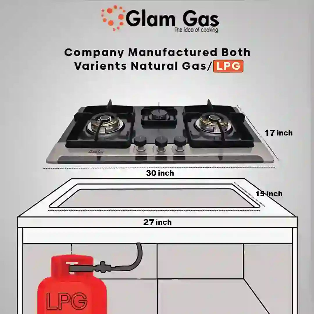 Glam Gas Hob | GG-10B Brass | Stainless Steel | 3 Burner | Kitchen Stove | Gas Stove