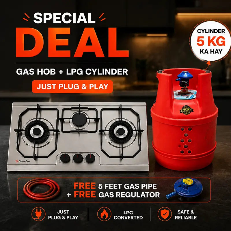 3 burner gas hob with 5kg LPG cylinder Combo 2 Deal and free pipe regulator