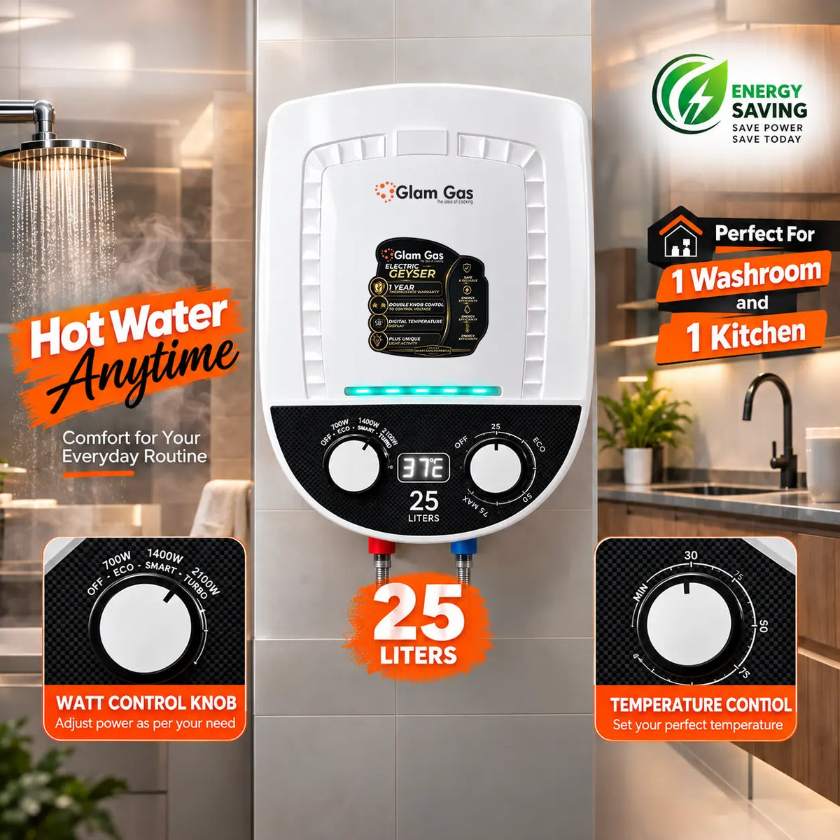 Glam Gas 25 liter electric geyser installed in a modern washroom