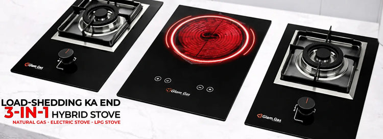 Glam Gas 3-in-1 All-in-One Stove featuring dual gas burners and an integrated electric hotplate for uninterrupted cooking in Pakistan.