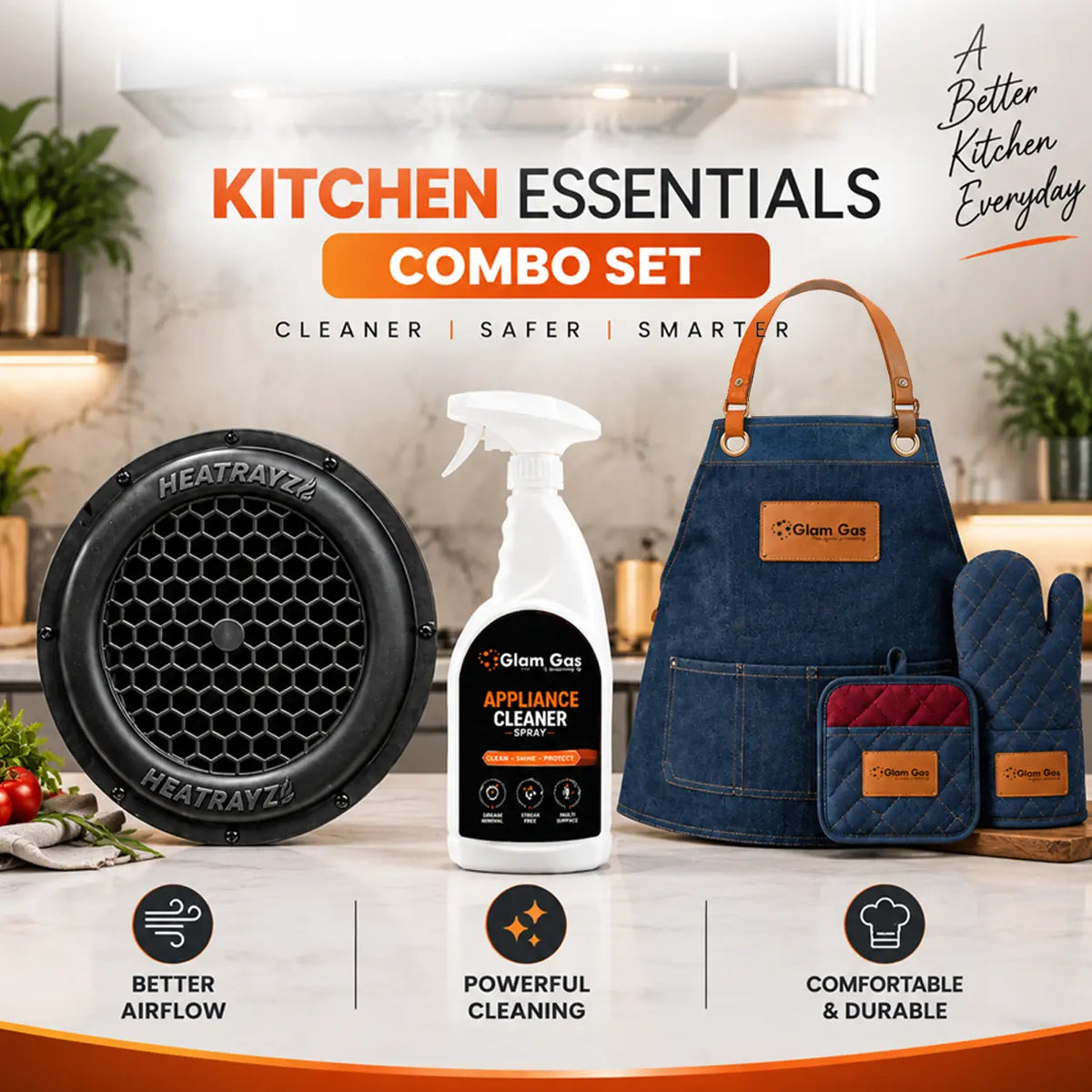 Kitchen accessories combo with hood vent cover cleaner spray and chef apron