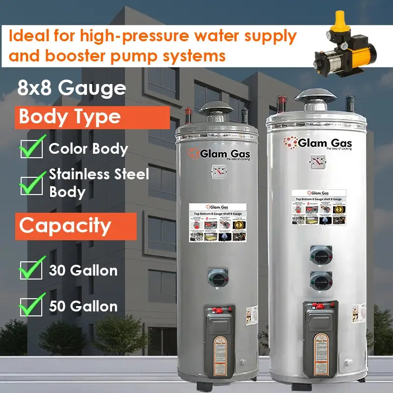 8x8 gauge hybrid water heater geyser gas electric 30 gallon Pakistan