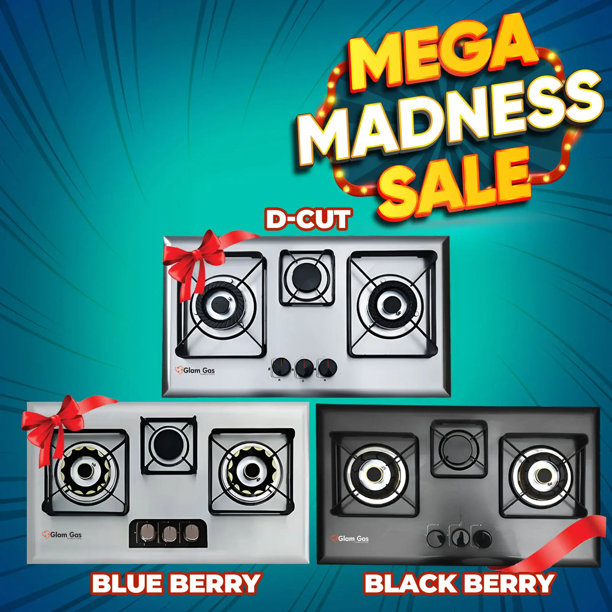 D-Cut, Blue & Black Berry 3 Burner Hob | Stainless Steel Gas Stove for Modern Kitchens