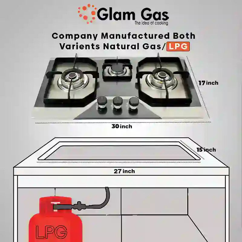 Glam Gas Hob | Flora B | Stainless Steel | 3 Burner | Kitchen Stove | Gas Stove