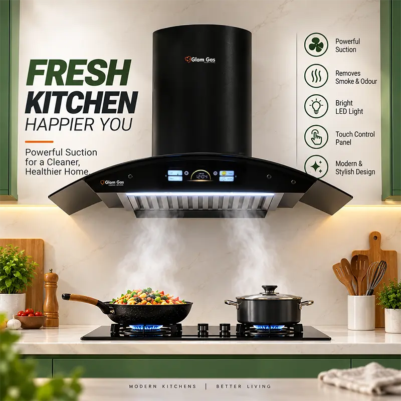 Glam Gas kitchen exhaust hood with features highlighted on a gray background