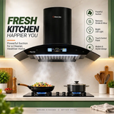 Glam Gas kitchen exhaust hood with features highlighted on a gray background