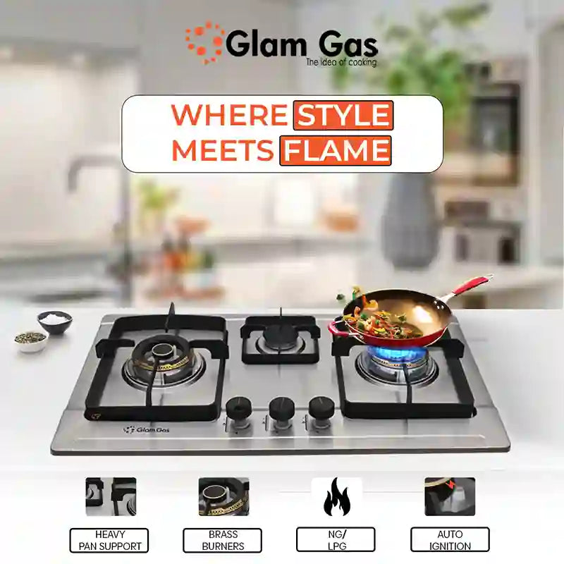 Glam Gas Hob | GG-10 Brass | Stainless Steel | 3 Burner | Kitchen Stove | Gas Stove