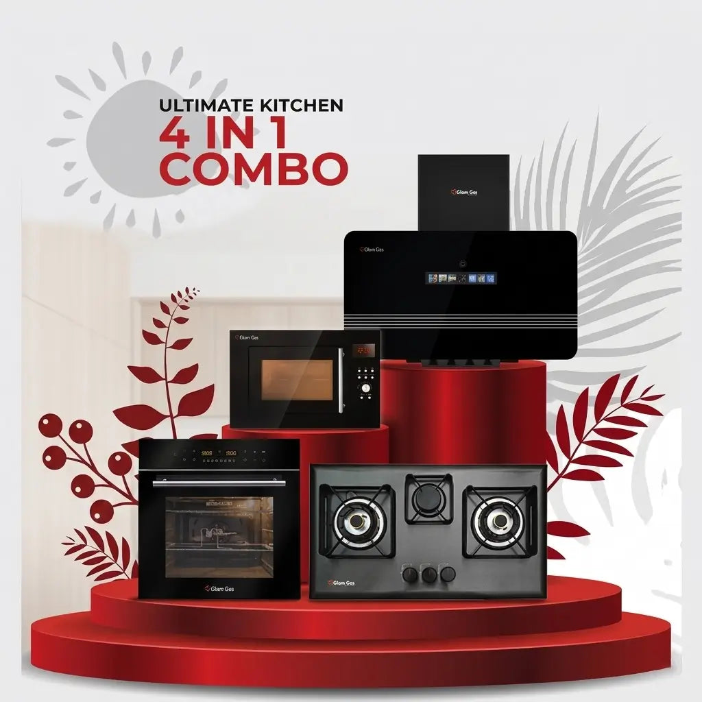 Ultimate Kitchen 4-in-1 Combo with appliances on a red platform against a white background with decorative elements.