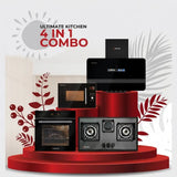 Ultimate Kitchen 4-in-1 Combo with appliances on a red platform against a white background with decorative elements.