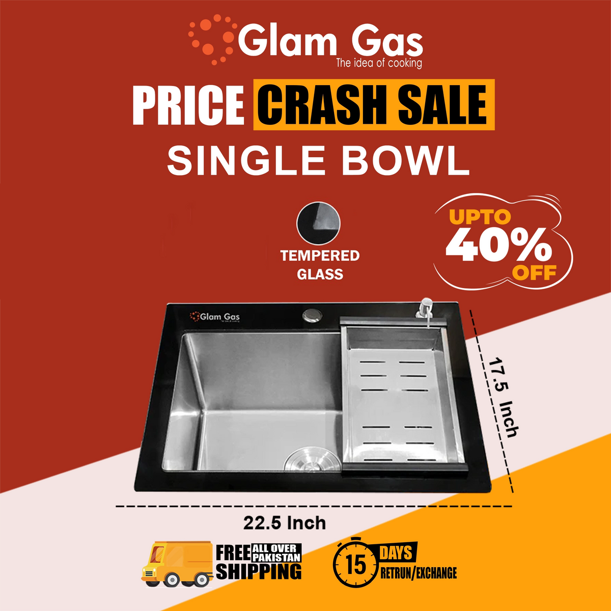 Glam Gas Sink-Life Style 11 Glass | Stainless steel sink | Kitchen Sink | Single Kitchen Bowl | Kitchen Basin