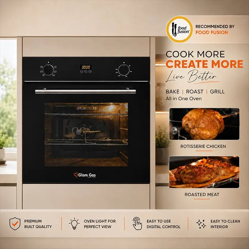 Glam Gas Black Forest Built-In Electric Oven Recommended by Food Fusion Bake Grill Roast Rotisserie Digital Control Pakistan