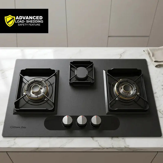 3 burner built in hob tempered glass black Glam Gas Glory LPG NG kitchen hob Pakistan