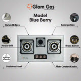Glam Gas Hob | Berry & D-Cut hob | Stainless Steel | 3 Burner | Kitchen Stove | Gas Stove