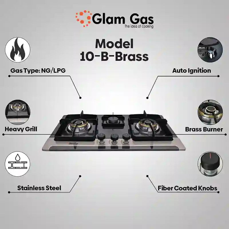 Glam Gas Hob | GG-10 Brass | Stainless Steel | 3 Burner | Kitchen Stove | Gas Stove