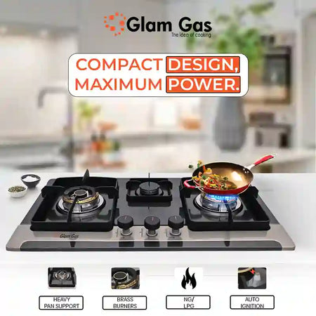 Glam Gas Hob | GG-10B Brass | Stainless Steel | 3 Burner | Kitchen Stove | Gas Stove