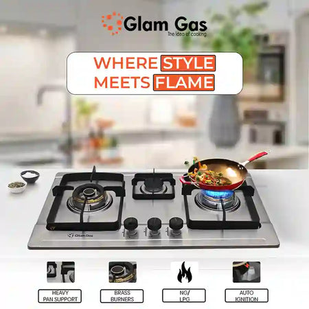 Glam Gas Hob | GG-10S Brass | Stainless Steel | 3 Burner | Kitchen Stove | Gas Stove