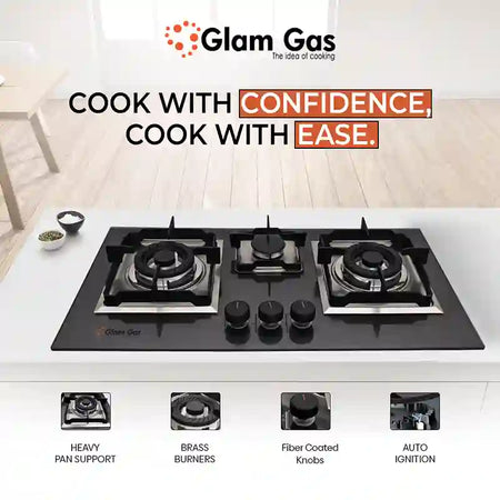 Glam Gas Hob | Grey | Tempered Glass | 3 Burner | Kitchen Stove | Gas Stove