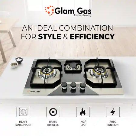Glam Gas Hob | Flora B | Stainless Steel | 3 Burner | Kitchen Stove | Gas Stove