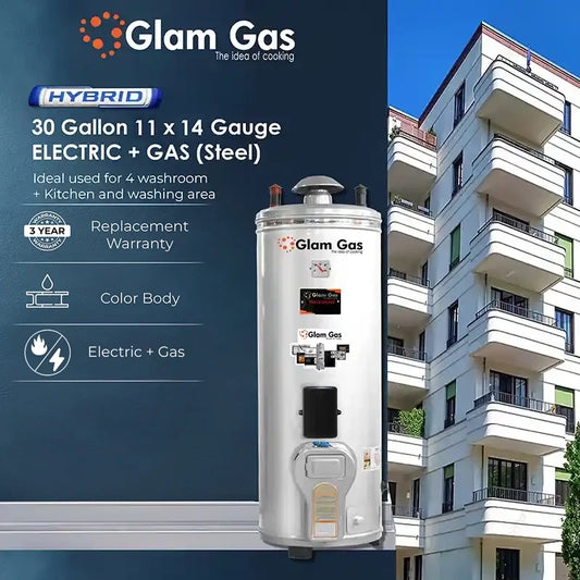 Glam Gas Water Heater | Water Heater | Geyser | 30 Gallon 11x14 Gauge Electric + Gas Stainless Steel