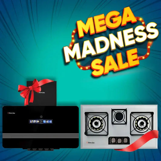 Mega Madness Combo Deal 2 – Glam Gas Range Hood Orbit-12 with Blue Berry Built-in Hob, stainless steel 3-burner kitchen hob and hood combo in Pakistan.