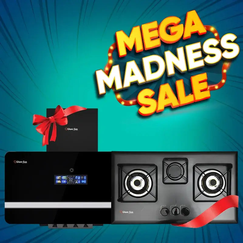 Mega Madness Combo Deal 3 – Glam Gas Range Hood Windy-12 and Black Berry Built-in Hob, elegant black steel kitchen hood and hob combo for stylish kitchens in Pakistan.