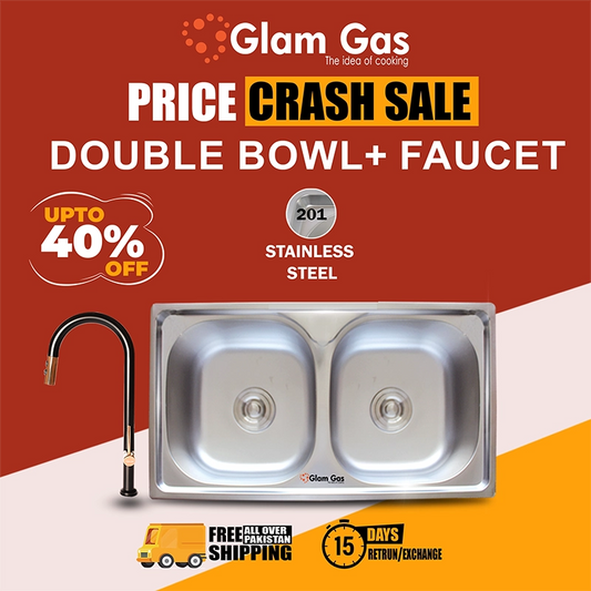 Glam Gas Combo Deal – Sink F-02 with Flow-12 Faucet | Double Bowl Stainless Steel Kitchen Sink
