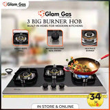Glam Gas Hob | Galaxy | Stainless Steel | 3 Big Burner | Kitchen Stove | Gas Stove