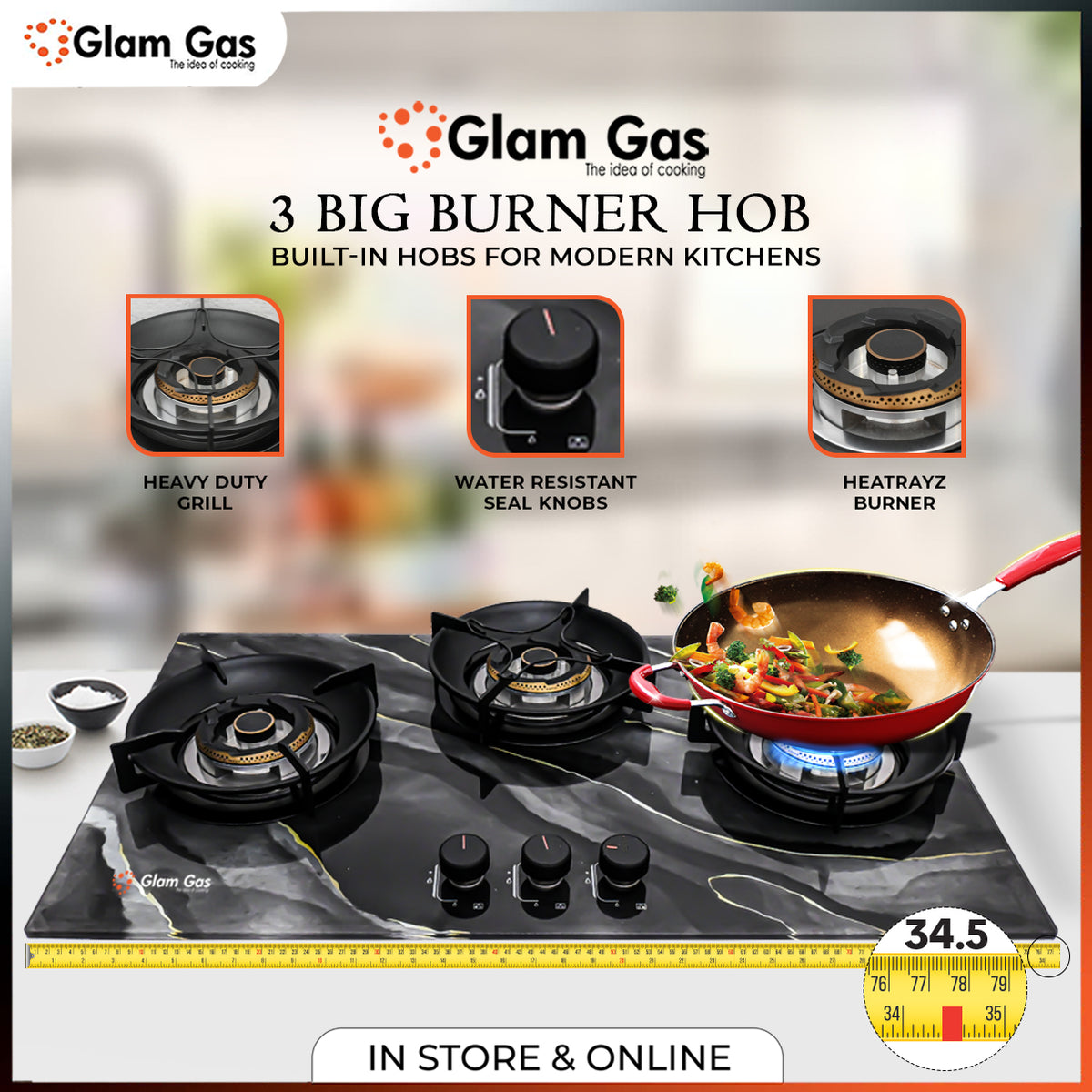 Glam Gas Hob | GG-07A Digital | Tempered Glass | 3 Big Burner | Kitchen Stove | Gas Stove