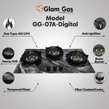 Glam Gas Hob | GG-07A Digital | Tempered Glass | 3 Big Burner | Kitchen Stove | Gas Stove