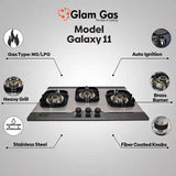 Glam Gas Hob | Galaxy | Stainless Steel | 3 Big Burner | Kitchen Stove | Gas Stove