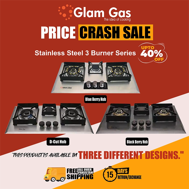 Glam Gas Hob | Berry & D-Cut hob | Stainless Steel | 3 Burner | Kitchen Stove | Gas Stove